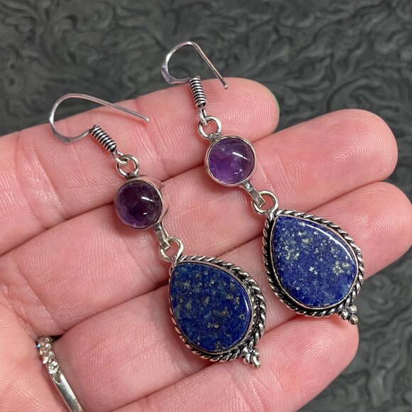 Amethyst and Lapis Lazuli Earrings Stone Crystal Jewelry - Picture 4 of 9
